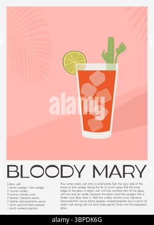 Cocktail Bloody Mary con cubetti di ghiaccio, bastoncino di sedano e contorno di lime in un bicchiere alto su sfondo rosa. Poster della classica bevanda alcolica fatta con Illustrazione Vettoriale