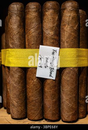 Pacchetti di sigari nella stanza umida con umidità e temperatura costanti al James J Fox, il più antico negozio di sigari a Londra, Inghilterra, Regno Unito Foto Stock