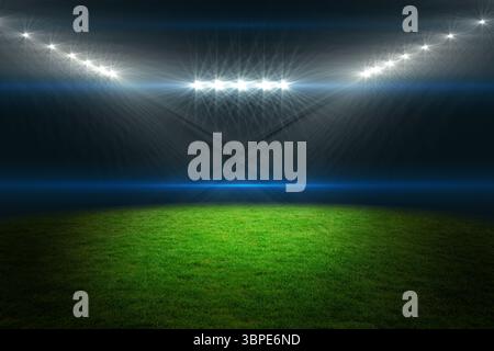 Design piatto, campo in erba verde che si illumina sotto i proiettori curvi, mostrando fasci di luce e razzi blu Foto Stock