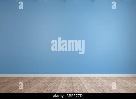 Le camere dal design piatto presentano pareti bianche di colore blu chiaro con modanatura bianca della base e pavimento in legno Foto Stock