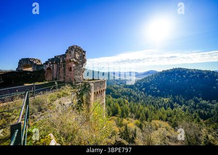 Vista del massiccio del castello di Altdahn e del paesaggio circostante. Natura nel castello medievale di roccia nella regione del Palatinato. Foto Stock