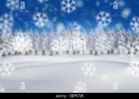 Illustrazione invernale pianeggiante che mostra il campo innevato e la fila di alberi sempreverdi con fiocchi di neve galleggianti Foto Stock