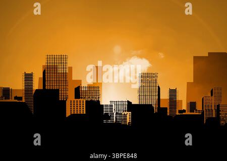 Lo skyline sagomato si presenta in stile piatto con grattacieli a griglia sotto il sole splendente e nuvole bianche Foto Stock
