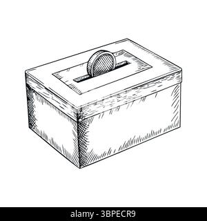 Uno schizzo disegnato a mano di una casella elettorale con una fessura per la moneta in alto. La scatola è rettangolare con un design semplice, che simboleggia il voto e la democrazia. Illustrazione Vettoriale