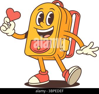 Mascotte felice zaino cartoni animati con un cuore rosso mentre cammini con gioia, ideale per l'educazione o i contenuti relativi ai bambini. Perfetto per adesivi e marchi Illustrazione Vettoriale