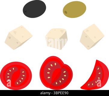 Olive Cheese Cubes and Tomato Slices varie posizioni icona adesivo pittogramma design minimalista. Illustrazione del vettore isolato poster per alimenti sani o schede di menu banner, opuscoli, etichette, etichetta dei prezzi Illustrazione Vettoriale