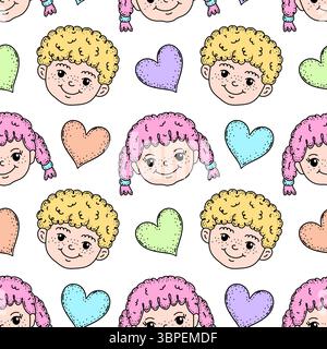 Motivo senza cuciture con volti di ragazzi e ragazze. Illustrazione Vettoriale