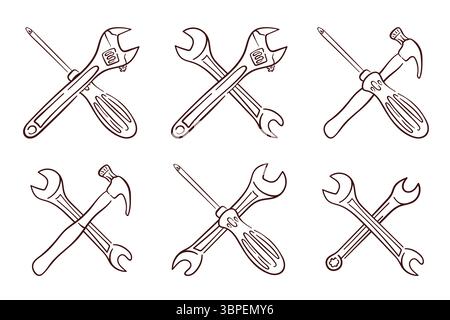 Set di icone in stile art-line di utensili incrociati che includono chiave, cacciavite e martello. Perfetto per servizi di riparazione, edilizia e ingegneria Illustrazione Vettoriale