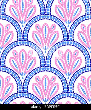 Motivo senza cuciture di fiori a mosaico rosa e blu stilizzati su sfondo bianco. Illustrazione Vettoriale