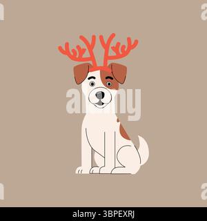 Adorabile cane con macchie marroni che indossano corna rosse di renna. Illustrazione natalizia in stile cartoni animati piatto. Perfetto per le carte vacanza, animale domestico Illustrazione Vettoriale