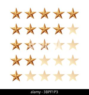 Valutazione progressiva delle stelle impostata da una a cinque stelle illustrazione vettoriale. Illustrazione Vettoriale
