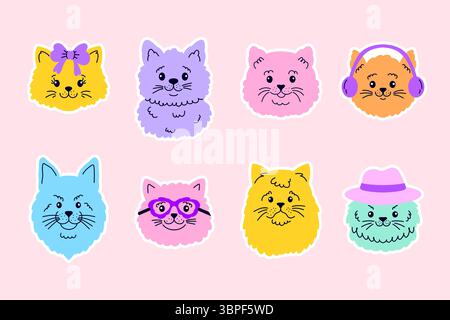 Collezione di adesivi con volti di gatto in stile doodle Illustrazione Vettoriale