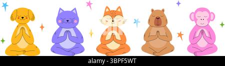 Set di animali carini in posa meditativa su sfondo bianco. Illustrazione Vettoriale