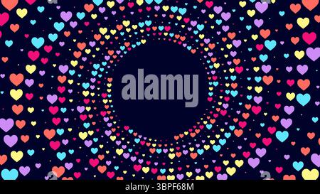 Vivace sfondo astratto con cuori multicolore disposti in un vorticoso motivo circolare Illustrazione Vettoriale
