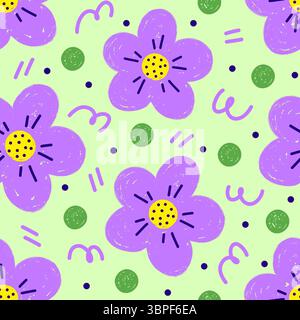 Un motivo allegro e vivace senza cuciture con fiori disegnati a mano, pois e scarabocchi Illustrazione Vettoriale