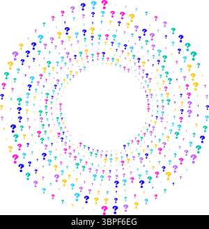 Design circolare astratto composto da punti interrogativi colorati sparpagliati radiali Illustrazione Vettoriale