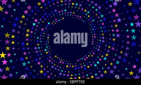 Vivace sfondo astratto con stelle multicolore disposte in un vorticoso motivo circolare su sfondo blu scuro. Illustrazione Vettoriale