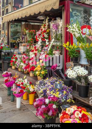 Bellissimi fiori freschi in vendita presso un tradizionale chiosco di fioristi sulla famosa passeggiata la Rambla, una popolare attrazione di Barcellona, Spagna. Foto Stock