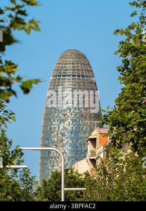 L'iconico grattacielo Torre Glòries, progettato da Jean Nouvel, sorge sopra le cime degli alberi nel quartiere Poblenou di Barcellona, Spagna. Foto Stock