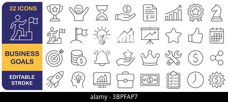 Set di icone Web vettoriali della linea di traccia per obiettivi aziendali modificabili. Strategia aziendale obiettivi di successo raccolta di icone lineari sottili. Compresi processo, obiettivo, obiettivo, Illustrazione Vettoriale