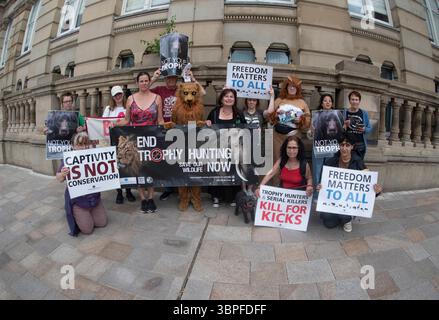 WRATH - 10th Anniversary March for Wildlife - Animal Rights March, Birmingham City Centre, UK, 5 luglio 2025. Manifestanti per i diritti degli animali con striscioni e cartelli. Non è il tuo Trofeo, la prigionia non è conservazione, termina subito la caccia ai Trofei. Libertà per tutti. Foto Stock
