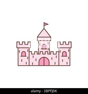 Un incantevole castello rosa con bandiere, perfetto per disegni a tema fiabesco, principessa o fantasia. Illustrazione Vettoriale