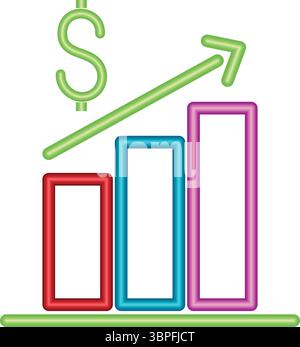 Grafico monetario al neon che mostra la crescita finanziaria e il simbolo della valuta Illustrazione Vettoriale