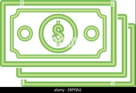 Pile di denaro al neon di banconote di valuta con il simbolo del dollaro Illustrazione Vettoriale