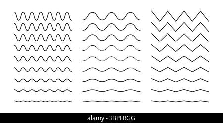 Linee ondulate, curve, zigzag. Bordi ondulati semplici, linee orizzontali trasversali. Set di segnali sinusoidali, fluidi, aria, vento. Acqua, fiume, lago, mare, oceano Illustrazione Vettoriale