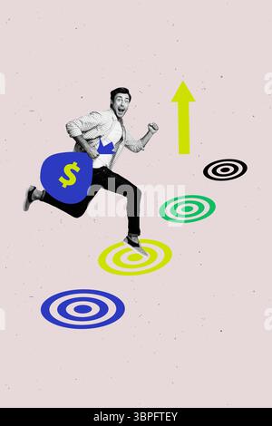 Trend artwork banner sketch collage di foto 3D di un giovane uomo run Hold Money bag obiettivo successo finanza ricco denaro banca freccia in alto Foto Stock