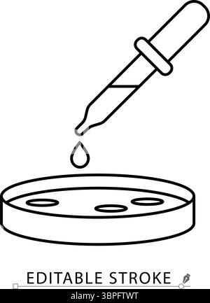 Un'icona di rilascio campione in stile minimalista con traccia modificabile. Pipetta da laboratorio, piastra Petri, test liquidi, campione clinico, analisi medica, biologia Illustrazione Vettoriale
