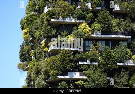 Milano, Italia - 8 luglio 2025: Vista ravvicinata della facciata esterna del Bosco verticale, due grattacieli residenziali progettati da Boer Foto Stock