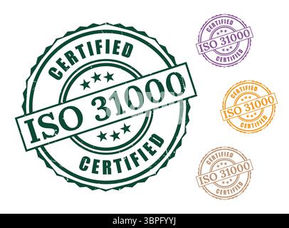 Sigilli certificati per la gestione dei rischi, raccolta di etichette vettoriali ISO 31000 Illustrazione Vettoriale