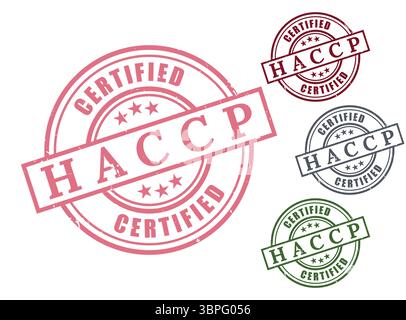 Un set Vector con timbri certificati HACCP, etichetta per la gestione della sicurezza alimentare Illustrazione Vettoriale
