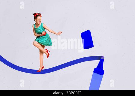 Disegna il design di tendenza poster grafico collage fotografico 3D di stile pinup giovane signora linea di danza disegno a mano matita schizzo classico pennarello Foto Stock