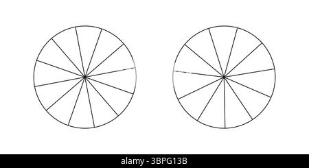 Raccolta di grafici segmentati isolata su sfondo bianco. Set di diagrammi a torta, 11 e 12 sezioni o passaggi. Molti settori dividono il cerchio Illustrazione Vettoriale