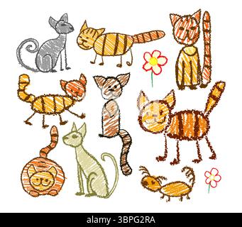Gatti disegnati con matite dai bambini. disegnato a mano. Non ai, illustrazione vettoriale Illustrazione Vettoriale