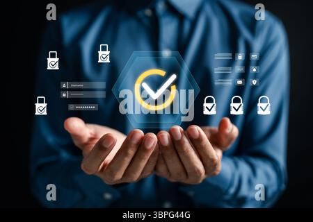 Controllo della sicurezza informatica, protezione dei dati, autenticazione di accesso tramite password, sistema di controllo degli accessi, verifica dell'utente, e l'approvazione dell'identità online per digit Foto Stock