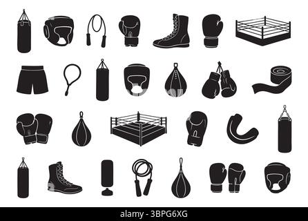 Silhouette nera collezione di attrezzature e accessori da pugilato isolati su sfondo bianco, illustrazione grafica. concetto di equipaggiamento sportivo, fitness it Illustrazione Vettoriale