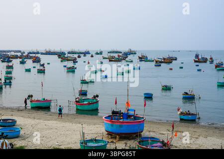Dozzine di tradizionali canottiere e pescherecci a strascico galleggiano pacificamente sul mare calmo di Mui ne, Vietnam Foto Stock