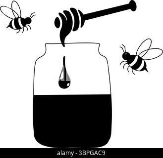 Vaso di miele con cucchiaio e composizione di api. Illustrazione della linea grafica vettoriale. Striscioni, poster, carta da imballaggio, adesivo, stampa, design moderno in tessuto. Fil Illustrazione Vettoriale