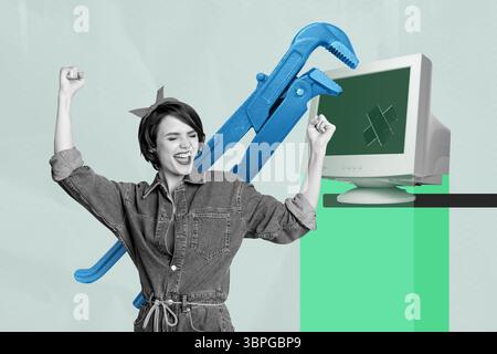 Modello di tendenza disegno di schizzi collage fotografico 3D di giovane donna strumento meccanico stile retrò computer tecnologia vintage hacker web server Foto Stock