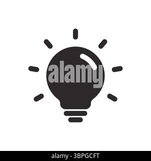 Icona della lampadina che simboleggia idee, creatività, innovazione, energia, ispirazione, e un'idea brillante in una semplice linea nera su sfondo bianco Illustrazione Vettoriale