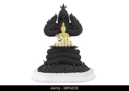 Buddha protetto dal cappuccio del mitico re naga di colore nero isolato Foto Stock