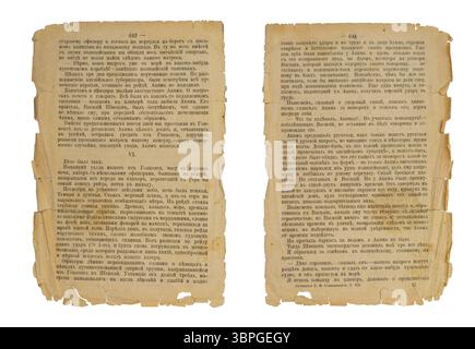 Pagine di libri d'epoca di libri vecchi, logori e strappati con testo. Trama della carta isolata su sfondo bianco. Foto Stock