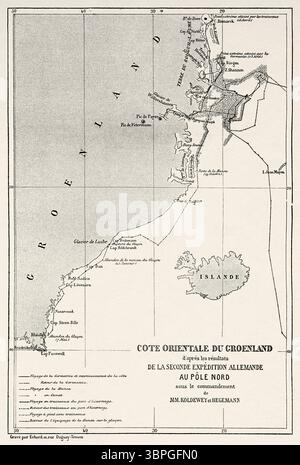 Mappa della parte orientale dell'isola di Groenlandia. Seconda spedizione polare settentrionale tedesca delle navi la Germania e la Hansa nel 1869-1870 del capitano Paul Friedrich August Hegemann (1836-1913) le Tour du Monde 1874 Foto Stock