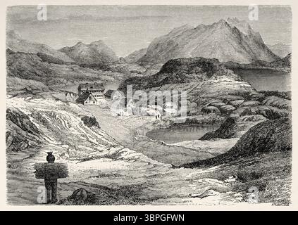 Vista panoramica di Lichtenau, Groenlandia. Seconda spedizione polare settentrionale tedesca delle navi la Germania e la Hansa nel 1869-1870 del capitano Paul Friedrich August Hegemann (1836-1913) le Tour du Monde 1874 Foto Stock