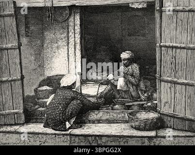 Venditore di grano e farina a Patna. Pradesh, Stato federale indù del Bihar, India. Disegno di A. Duvivier. Viaggi in India centrale e nelle Presidenze di Bombay e Bengala, 1876 di Louis Theophile Marie Rousselet (1845-1929) le Tour du Monde 1874 Foto Stock