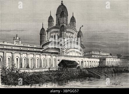 Tempio Dakshineswar Kali, tempio indù navaratna a Dakshineswar, Nord 24 Parganas, Bengala Occidentale. India. Disegno di Hubert Clerget (1818-1899) viaggi in India centrale e nelle Presidenze di Bombay e Bengala, 1876 di Louis Theophile Marie Rousselet (1845-1929) le Tour du Monde 1874 Foto Stock