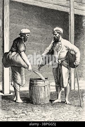 Vettori d'acqua di Calcutta, stato del Bengala Occidentale. India. Disegno di Frederic Laguillerme (1841-1934) viaggi in India centrale e nelle Presidenze di Bombay e Bengala, 1876 di Louis Theophile Marie Rousselet (1845-1929) le Tour du Monde 1874 Foto Stock